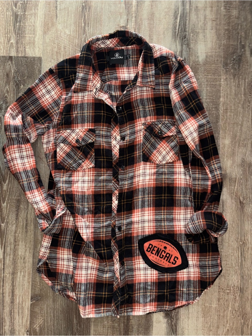 Volcom Orange Black White Plaid Button-Down Shirt